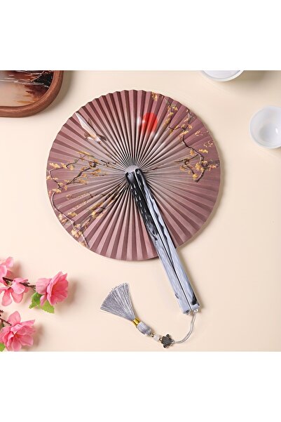 Choice khaki Chinese Folding Tassel Paper Fan - Traditional Floral Design, Li...