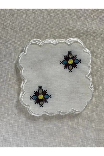 NİVEMESHOME Kanavi̇çe Embroidered Square (6 Pcs) Linen Cocktail Servette Coff...