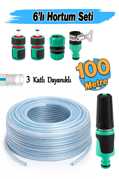 Badem10 Sulama Hortum 6'lı Bağlantı Adaptör Seti (100 Metre) Üç Katlı Şeffaf ...