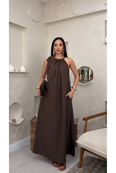 miraylawear FAYE KAHVE RENKLİ BOYUNDAN BAĞLAMALI SALAŞ TARZ KADIN MAXİ ELBİSE