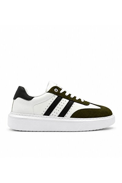 Premium Haki-Beyaz Erkek Sneaker – Suni Deri & Süet, Beyaz EVA Taban