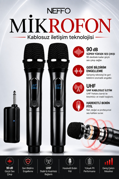 NEFFO Kablosuz Karaoke Çift Mikrofon 6.35 mm Sahne Parti Düğün Aktivite Amfi ...