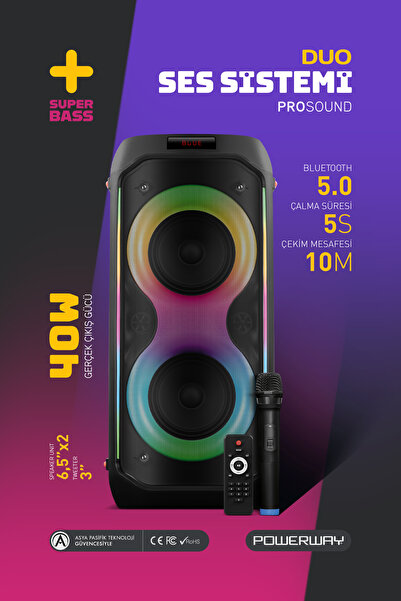 POWERWAY Duo Taşınabilir Mikrofonlu 20x2 W Karaoke Ses Kayıt Bluetooth Hoparl...