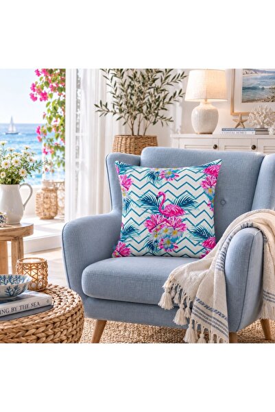 Bc Home Flamingo Desenli, Kare Kırlent Kılıfı, 43 x 43 cm , 1 Adet, Fermuarlı
