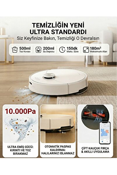 Roborock 10.000Pa Ultra Emiş Güçlü Robot Süpürge, Halı Tanıma Mop Kaldırma İs...