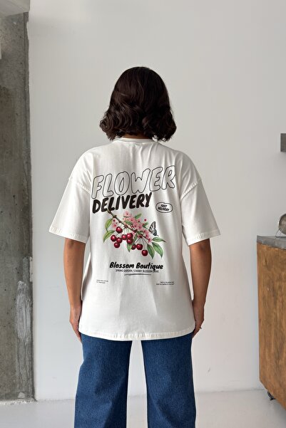 CrepTekstil Crep Women's Flower Delivery Front and Back Printed Oversize T-Sh...