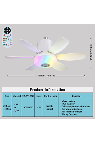 Choice مروحة سقف ذكية مزودة بإضاءة LED وسماعة إيقاع موسيقي بألوان قوس قزح RGB...