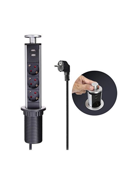 VEA Üçlü 1.5 Metre Kablolu İki USB’li 60mm Masaüstü Bas Aç Masa Prizi Gömme T...