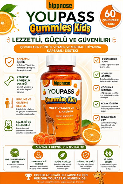 Hippnose Youpass Gummies Kids Çocuklar İçin Multivitamin ve L-Arjinin İçeren 60 Adet Çiğnene Bilir Takviye