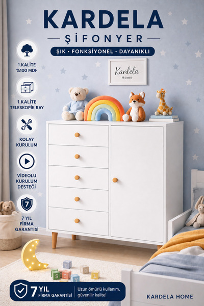 Kardelahome %100 Mdf Bebek Odası Çocuk Odası Şifonyer 5 Çekmeceli Kapaklı Dol...