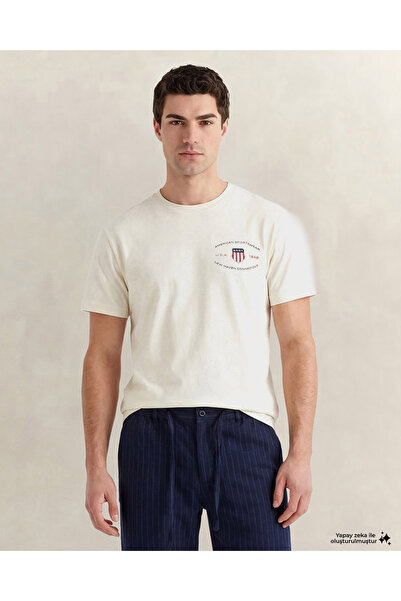 Gant Erkek Krem Bisiklet Yaka Regular Fit Logolu T-Shirt