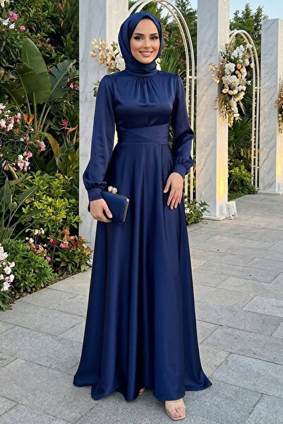 N.S NEVA STYLE Satin Navy Blue Hijab Evening Dress 6297L