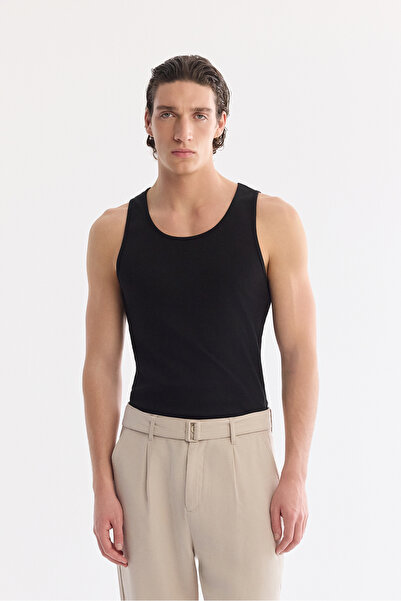 Avva Erkek Siyah Kolsuz Basic Fitilli Regular Fit Atlet B001058