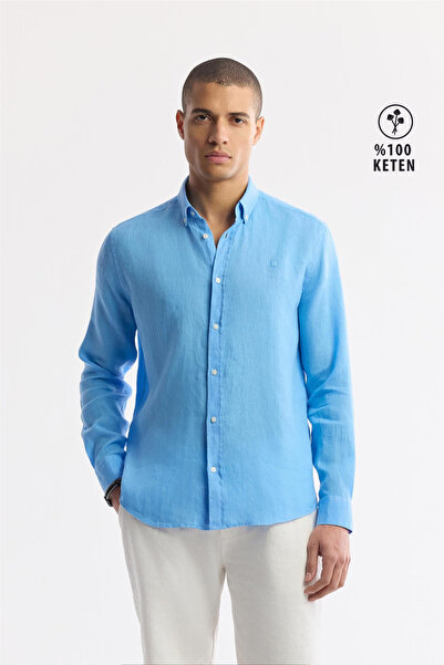 Avva Men's Blue Button down Collar 100% Linen Comfort Fit Shirt B002191