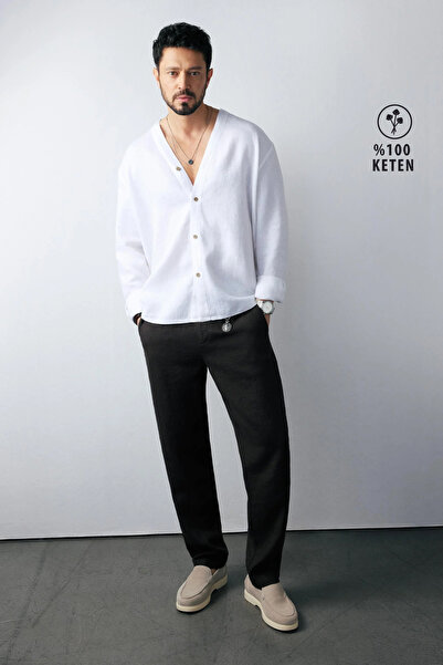 Avva Men's Black Elastic Waist 100% Linen Relaxed Fit Trousers B003032
