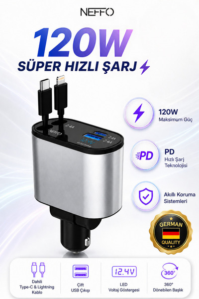 NEFFO 120W Akıllı Araç Şarjı 4in1 Çift Kablolu 3.4A Araç İçi Çakmaklık Şarj A...