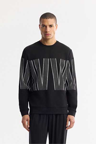 Avva Men's Black Crew Neck Printed Bi-Stretch Interlock Regular Fit Sweatshir...
