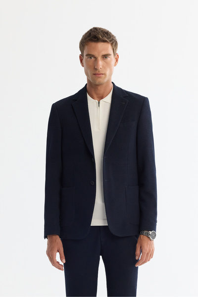 Avva Men's Navy Blue Mono Collar Bi-Stretch Blazer Comfort Slim Fit Jacket A4...