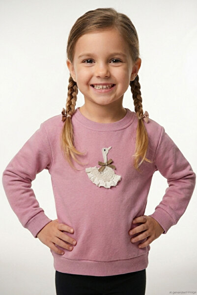 Breeze Girl's Sweatshirt with Swan Emblem and Bow Detail, Ages 2-6, Dried Ros...