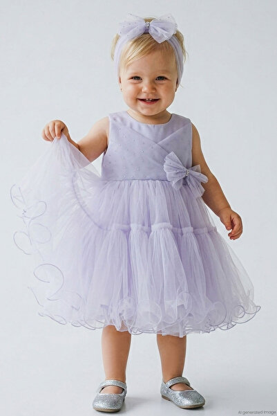 MONİTA Baby Girl Evening Dress with Stone Accessories, Bandana and Tulle, 6 M...