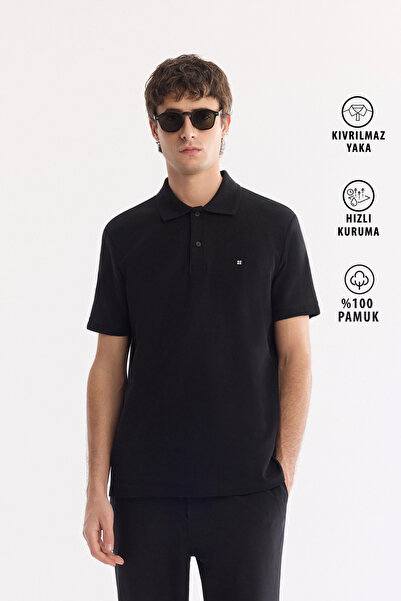 Avva Erkek Siyah Kıvrılmaz Polo Yaka %100 Pamuk Basic Regular Fit T-Shirt B00...
