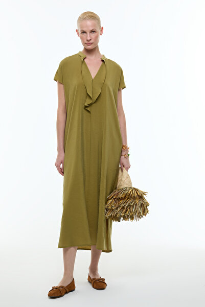 Roman Yaka Detaylı Düşük Omuz Midi Elbise Olive YY011027_027
