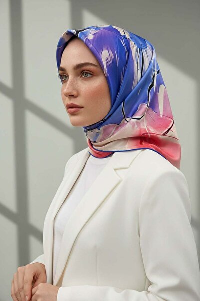 Vissona %100 Twill İpek Sulu Boya Çiçek Desenli Saks Renkli 90x90 Eşarp Dikim...