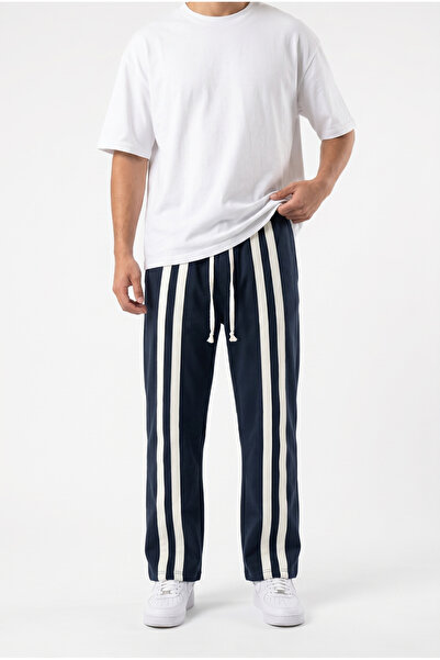 Respire Men's Baggy Sweatpants with Front Stripe Detail, Navy Blue