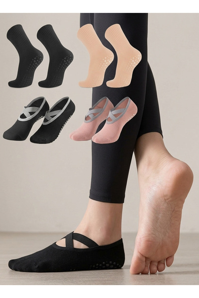 Generic 4 Pairs Non-Slip Yoga Socks Set – Cotton Grip Socks with Cross Straps...