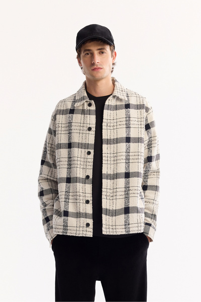 Avva Men's Ecru Classic Collar Soft Touch Plaid Comfort Fit Shirt Jacket A52Y...