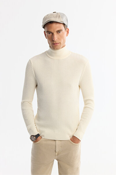 Avva Men's Ecru Full Turtleneck Wool Blend Jacquard Knitwear Regular Fit Swea...