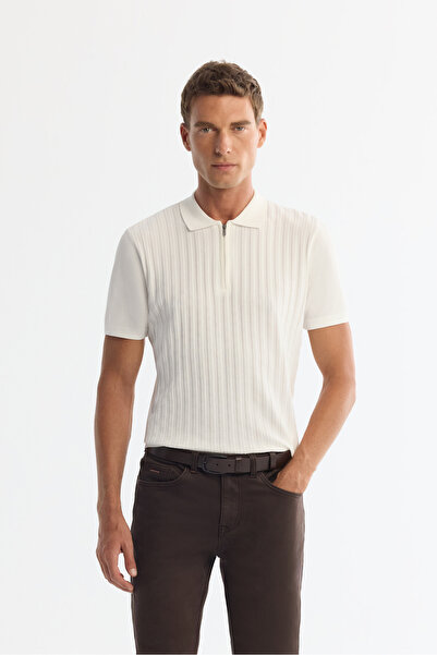 Avva Men's Ecru Polo Neck Zippered Rayon Knitwear Regular Fit T-Shirt A42Y5128