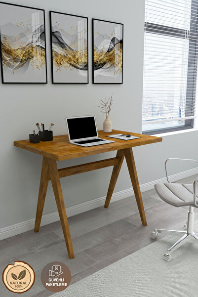 WOODFACE Polo Masif Ahşap Çalışma Masası 90x60 cm - Doğal Renk - Ağaç Ayak Ev...