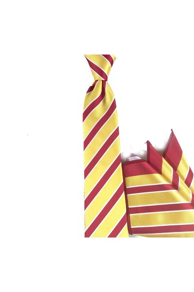 Sade Kravat Yellow Red White Striped Thin Tie with Handkerchief 26695 Yellow