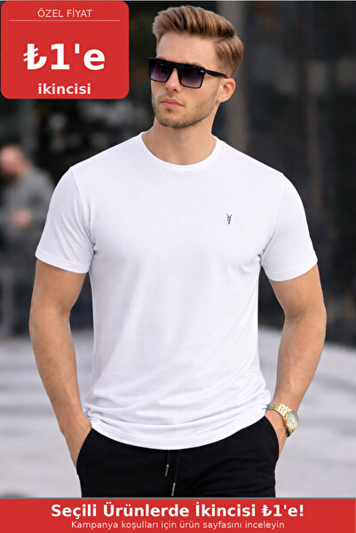 COMBİNE MİCHAİL Tricou alb guler rotund Slim basic pentru bărbați