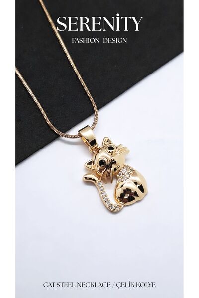 Serenity Gold Sitting Cat Figure Steel Necklace