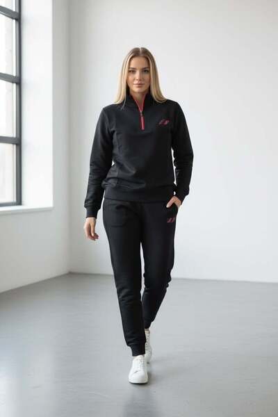Piyera Women's Black Two Thread Elastic Leg Zipper Collar Long Sleeve Sweatsh...