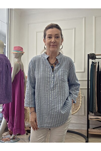 pudubutik Oversize Pamuklu Boyuna Çizgili Gömlek Bebe Mavi