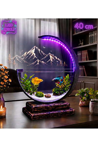 Heryerden Aquarium Ahşap Tabanlı Hilal Akvaryum LED Işıklı Özel Tasarım Beta ...
