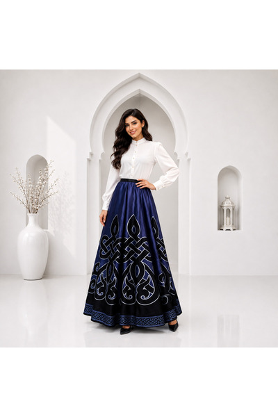 Muslima Wear تنورة شيفون حريرية منقوشة باللون الأزرق والأسود