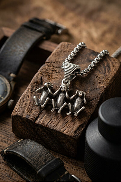 Begondio Three Monkeys Handcrafted Stainless Steel Chain Men's Necklace