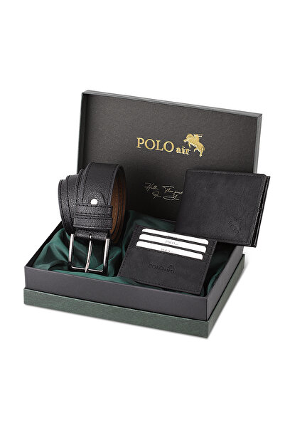 Poloair Kemer Cüzdan Kartlık Hediyelik Kutusunda Siyah Set M-09-S