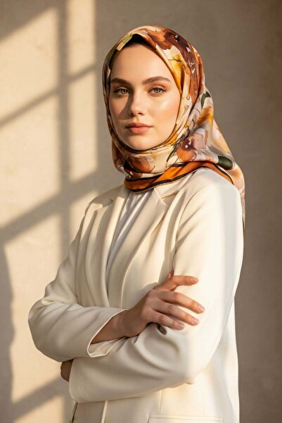 Vissona %100 Twill İpek Sulu Boyalı Çiçek Desenli Turuncu - Gold Renkli 90x90...
