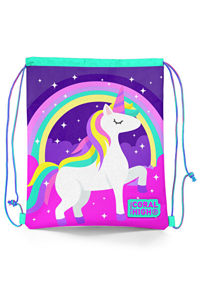 Coral High Kids Purple Aqua Green Unicorn Patterned Drawstring Drawstring Bac...