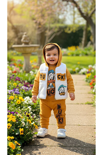 NOTA KİDS Boy's Orange and White Animal Figured 3-Piece Vest Top and Bottom Set