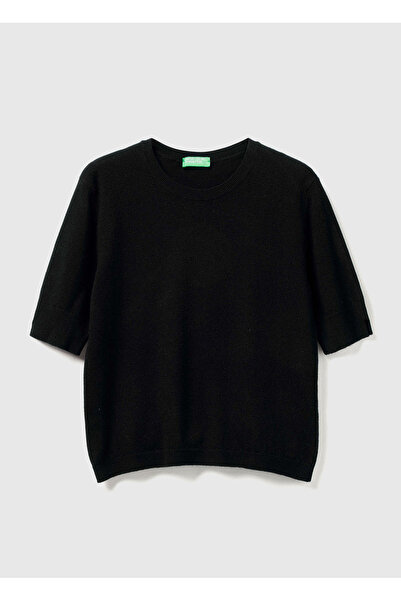 United Colors of Benetton سترة نسائية سوداء 100% ميرينو برقبة دائرية وأكمام ق...