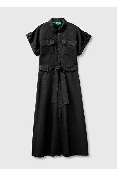 United Colors of Benetton فستان نسائي أسود 100% كتان مع جيوب وحزام