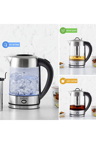 Karaca Cam Inox Bitki Çayı Makinesi ve Su Isıtıcı Kettle 2202,Led Işıklı, Yük...