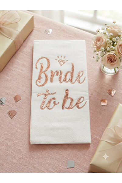 Deniz Party Store BRİDE TO BE ROSE GOLD VARAKLI BEYAZ PEÇETE 33X33 CM 16 ADET