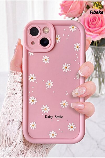 Fibaks iPhone 13/14 Kılıf Yumuşak Dokulu Papatya Desenli Yumuşak Kamera Korum...